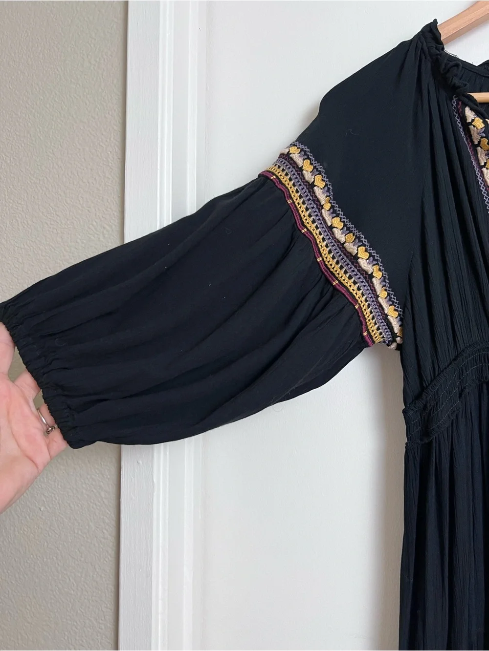 Angie Black Embroidered Boho Peasant Maxi Dress Tassel Tie Rayon Medium - Picture 2 of 8